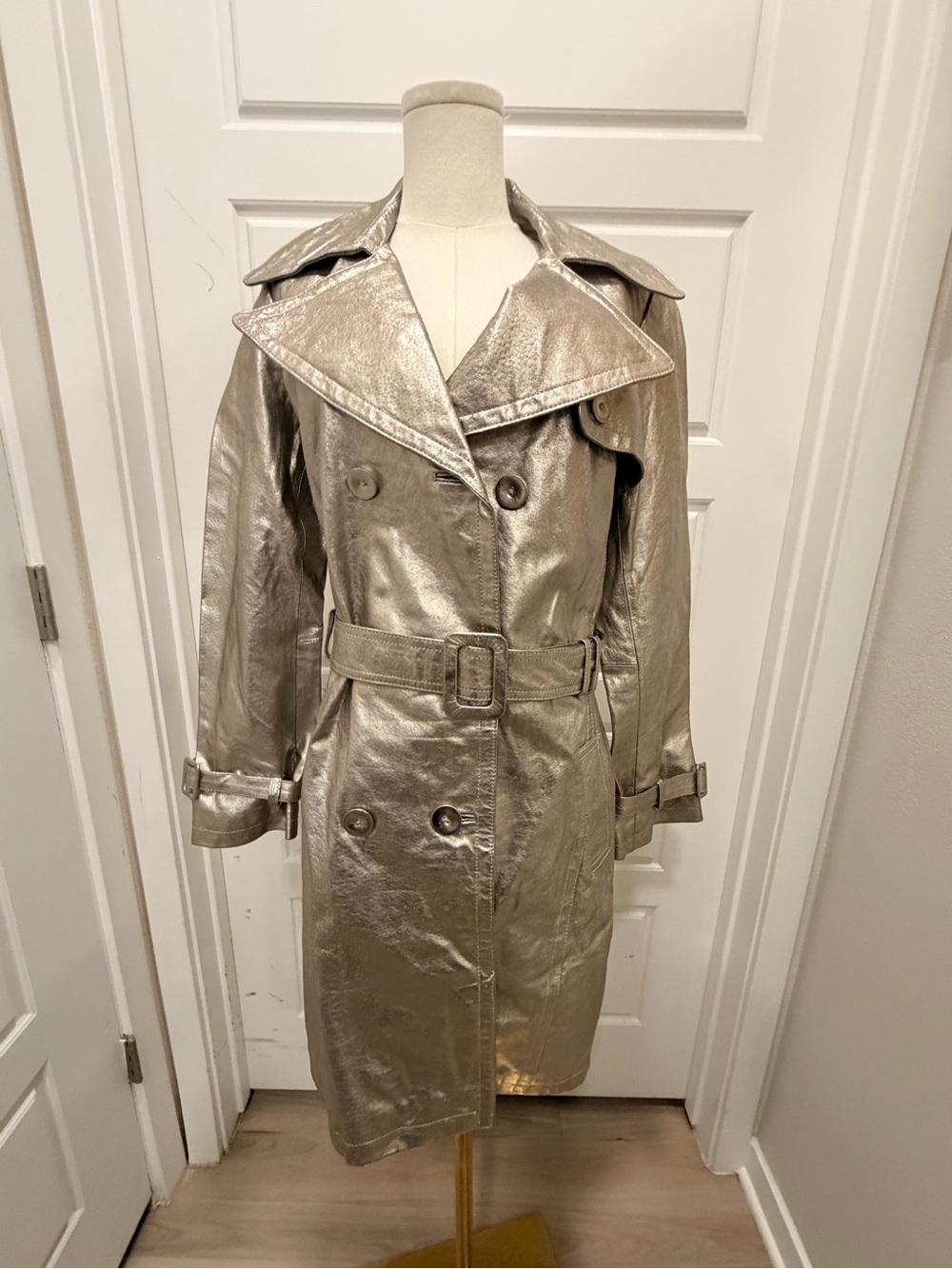 Newport News Metallic Leather Silver Trench Coat with Belt NWT - Picture 2 of 14